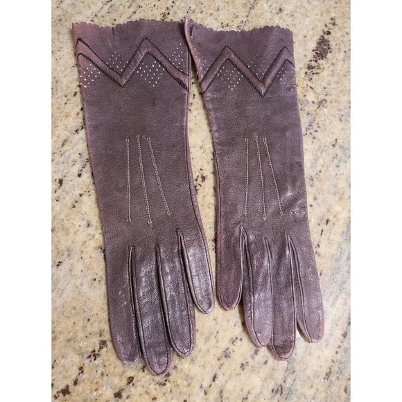 Vintage Size XS-S 6 Brown Leather 10.5" Formal Gloves Chevron Stitching - Picture 1 of 16